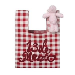 13De Marzo Red and White Checkered Tote with Pink Bear